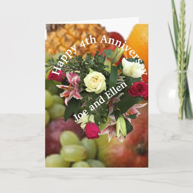 Tarjeta 4° Aniversario, Fruta y Flores, (Anverso)