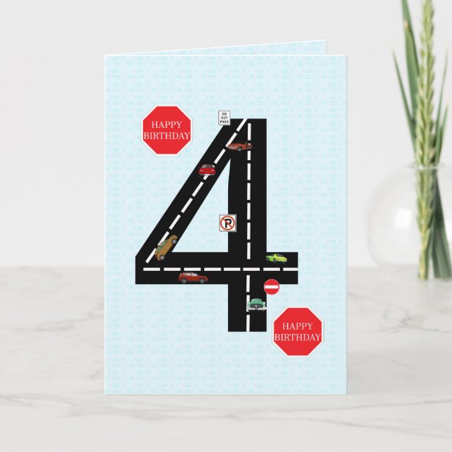Tarjeta 4 años, 4 años, coches de juguete y carretera (Anverso)