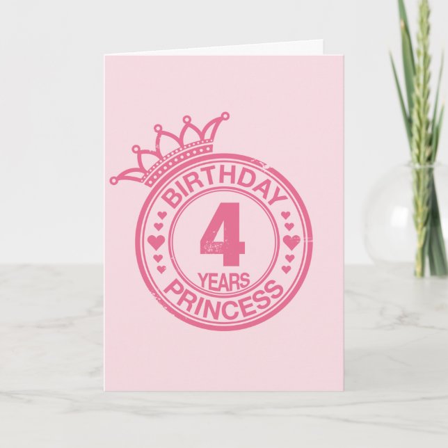 Tarjeta 4 años - princesa del cumpleaños - rosa (Anverso)