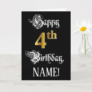 Tarjeta 4 Cumpleaños — Guión Fancy; Mirada Faux Gold; Nomb