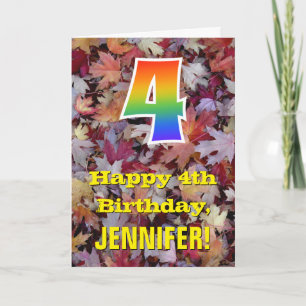 Tarjeta 4 cumpleaños; hojas de otoño rústicas; arco iris "