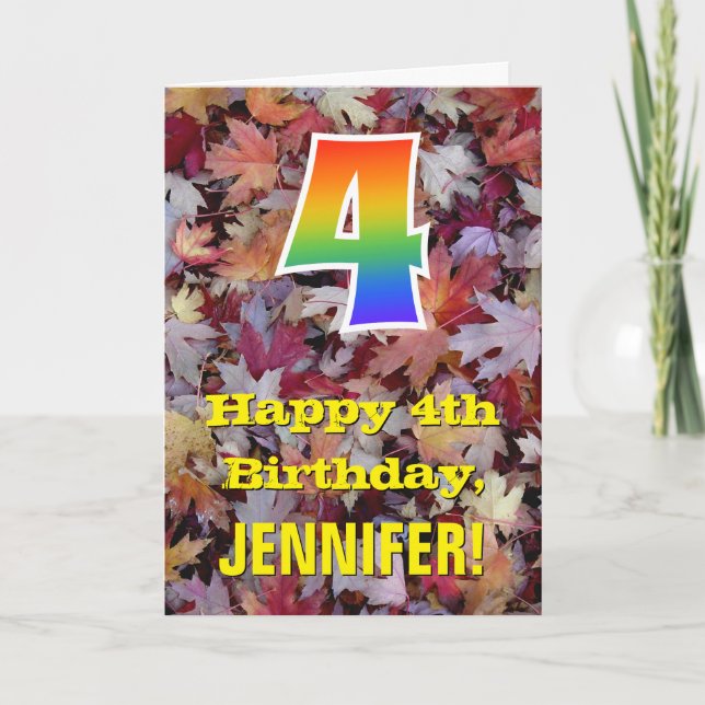 Tarjeta 4 cumpleaños; hojas de otoño rústicas; arco iris " (Anverso)