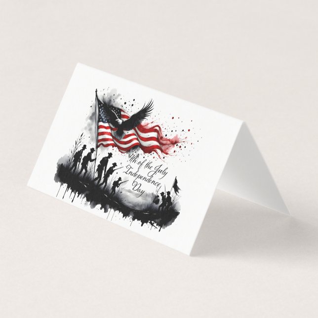 Tarjeta 4 de julio Arte Patriótico con bandera y soldados (Anverso)