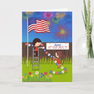 Tarjeta 4 de julio con patio trasero decorativo de parejas