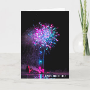 Tarjeta 4 de julio, fuegos artificiales y faro