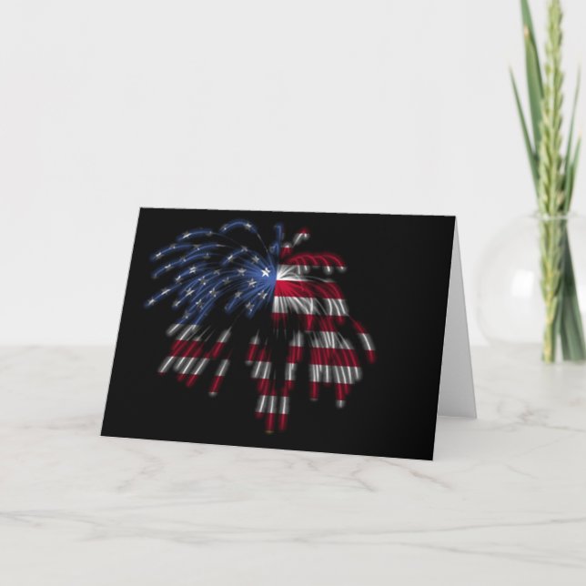 Tarjeta 4 de julio Fuegos artificiales y la bandera estado (Anverso)