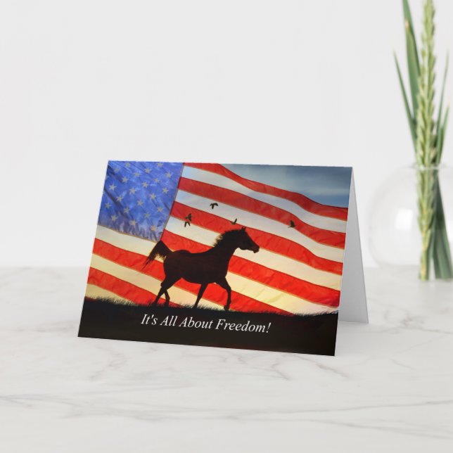 Tarjeta 4 de julio Libertad Bandera Americana Caballo (Anverso)