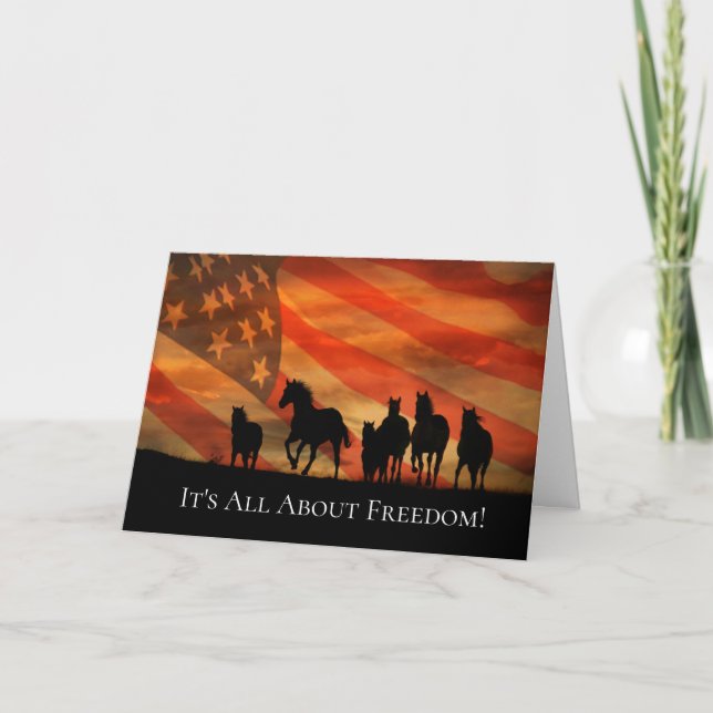 Tarjeta 4 de julio Libertad Bandera Patriótica de Caballos (Anverso)