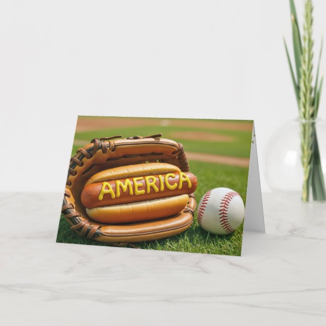 Tarjeta 4 de julio Perro caliente en guante de béisbol (Anverso)
