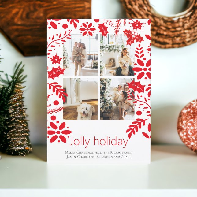 Tarjeta 4 Navidades de flores nórdicas de festividad navid (4 Photo Jolly Holiday Nordic Flower Christmas Card featuring holly. From Ricaso. Add your own photos)
