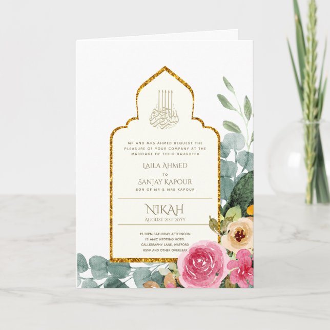 Tarjeta 4 páginas NIKAH WALIMA invita a la alga floral ros (Anverso)