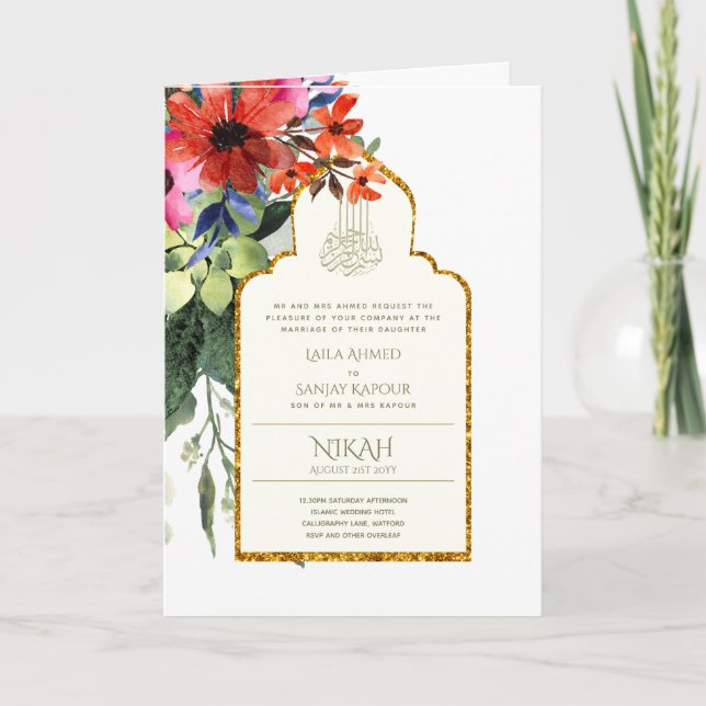 Tarjeta 4 páginas NIKAH WALIMA Invitar Red Floral Wed Islá (Anverso)