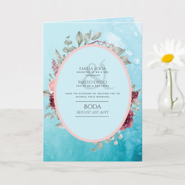 Tarjeta 4 pg BODA Español Invitar a Aqua Blue Burgundy Ver (Planta pequeña)