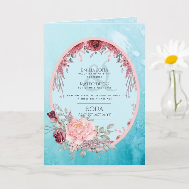 Tarjeta 4 pg BODA Español Invitar a Aqua Blue Burgundy Ver (Planta pequeña)