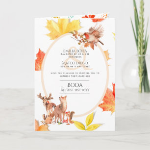 Tarjeta 4 pg BODA Español Invitar Caída de Animales Woodla