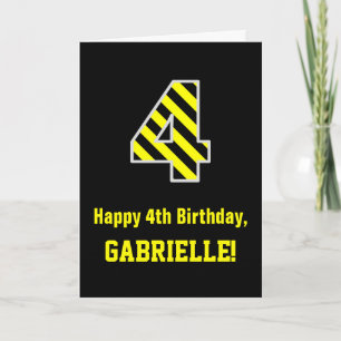 Tarjeta "4" rayado negro y amarillo; 4to Cumpleaños +