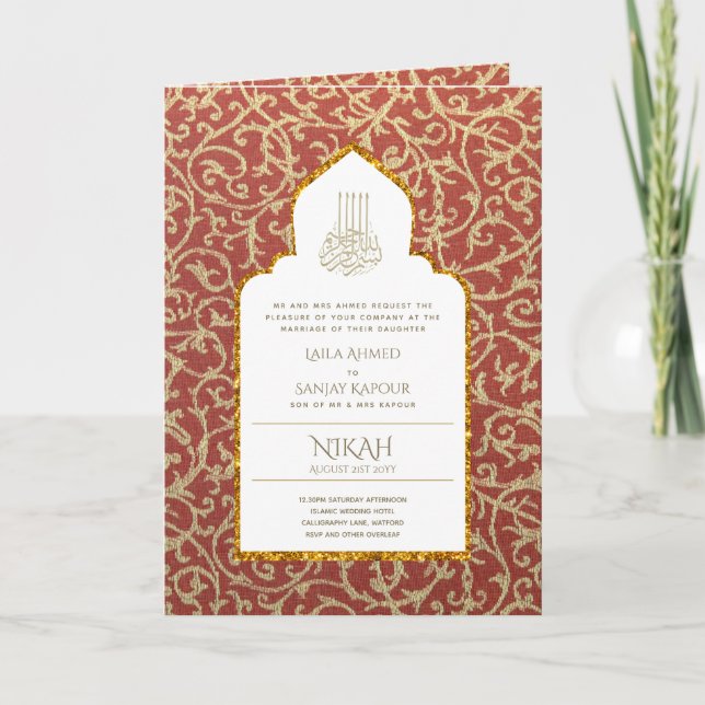 Tarjeta 4Pg NIKAH WALIMA Invitar Ornato Rojo De Oro (Anverso)