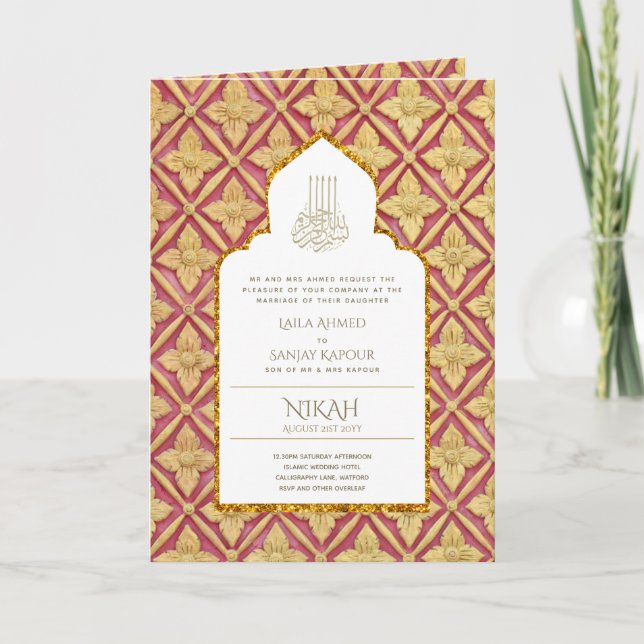 Tarjeta 4Pg NIKAH WALIMA Invitar Ornato Rojo De Oro (Anverso)