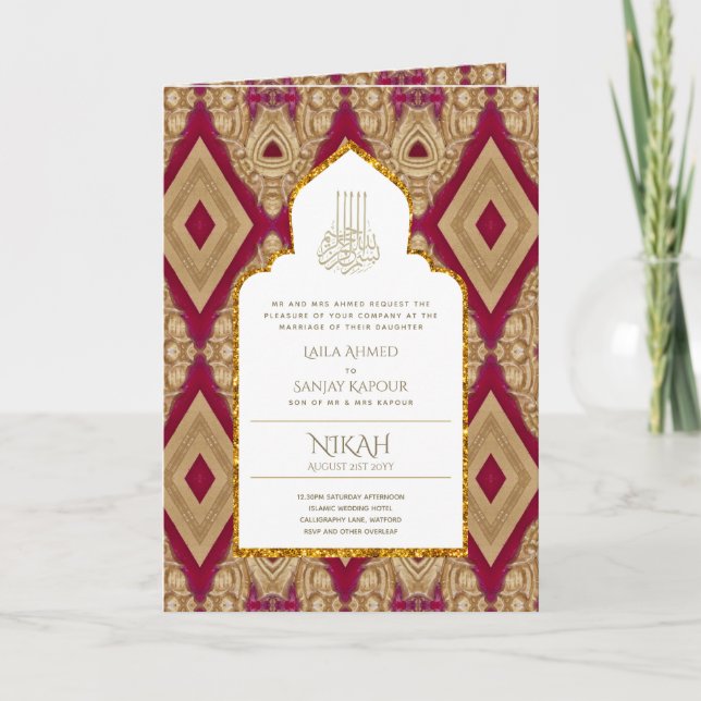 Tarjeta 4Pg NIKAH WALIMA Invitar Ornato Rojo De Oro (Anverso)