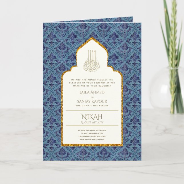 Tarjeta 4Pg NIKAH WALIMA Invitó al Islámico Ornato Azul (Anverso)