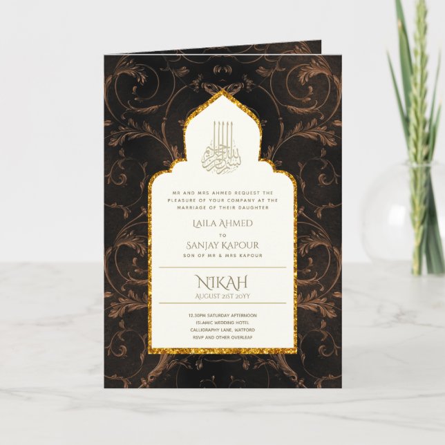 Tarjeta 4Pg NIKAH WALIMA Invitó al Oro Ornate Islámico (Anverso)