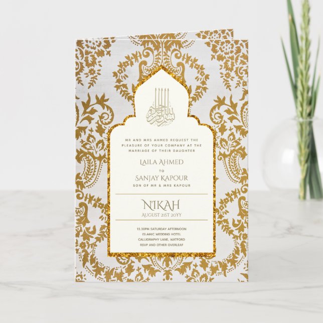 Tarjeta 4Pg NIKAH WALIMA Invitó al Oro Ornate Islámico (Anverso)