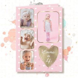 Tarjeta 4th Birthday 4 Picture Collage Gold Pink Hearts