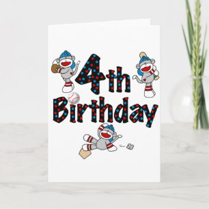 Tarjeta 4to Cumpleaños del béisbol del mono del calcetín