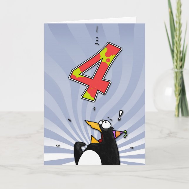 Tarjeta 4to cumpleaños - sorpresa del pingüino (Anverso)
