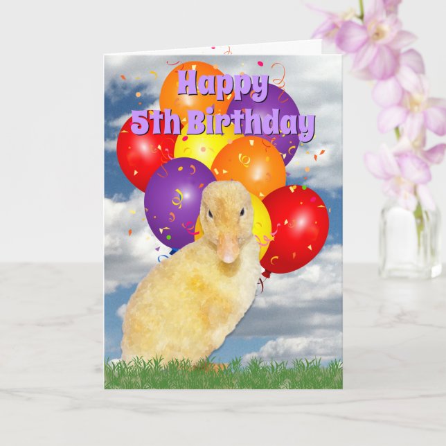 Tarjeta 5º Cumpleaños Patito Amarillo Globos Coloridos (Orquídea)