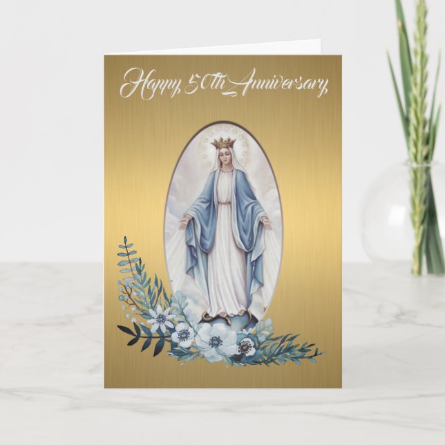 Tarjeta 50º Aniversario de Boda | Virgen María | Oro (Anverso)