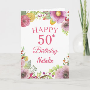Tarjeta 50.ª acuarela Flores Florales Pink Card