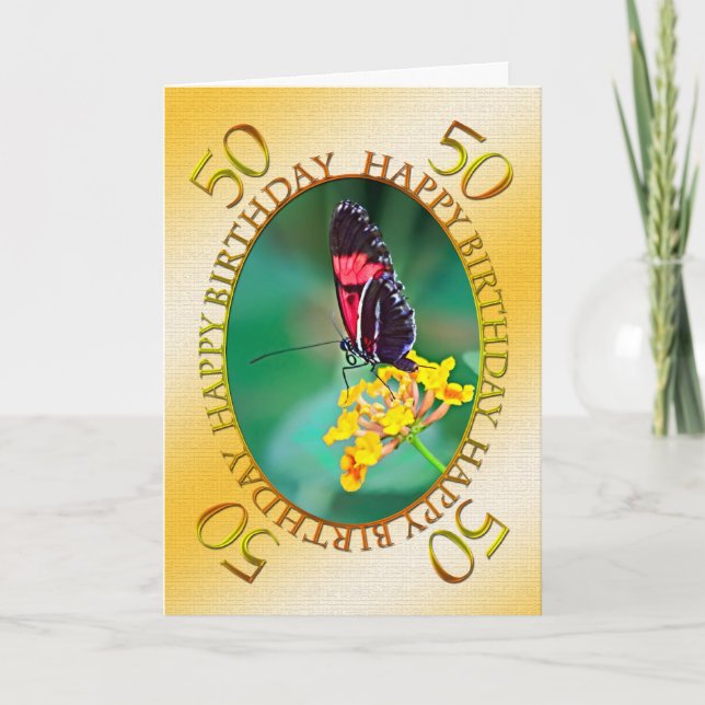 Tarjeta 50.ª carta de cumpleaños de mariposa y flor (Anverso)