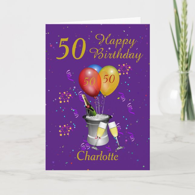Tarjeta 50.ª Celebración del Cumpleaños Morado (Anverso)