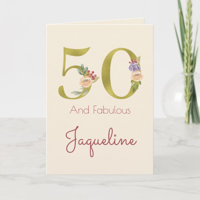 Tarjeta 50.ª Feminina Elegante Femenina Floral Gold (Anverso)