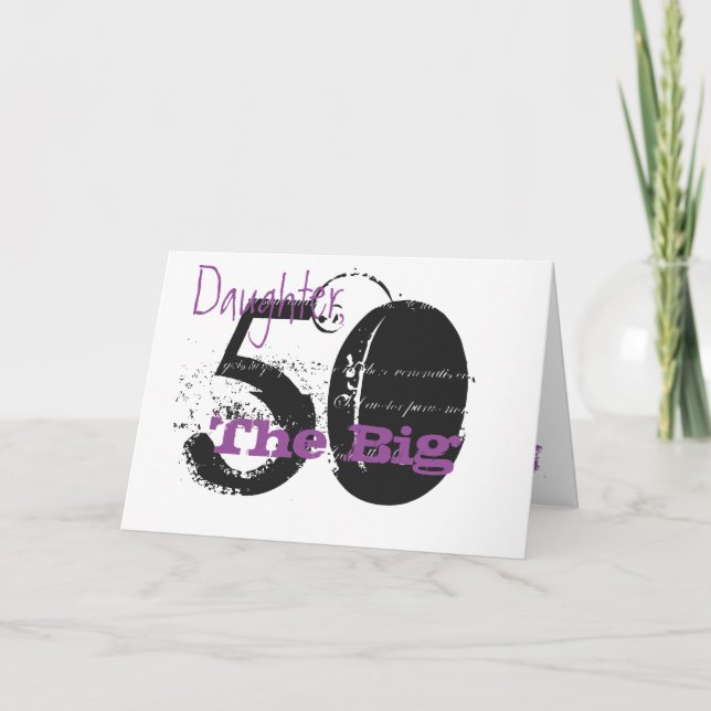 Tarjeta 50.ª hija de cumpleaños, negro, púrpura, blanco. (Anverso)