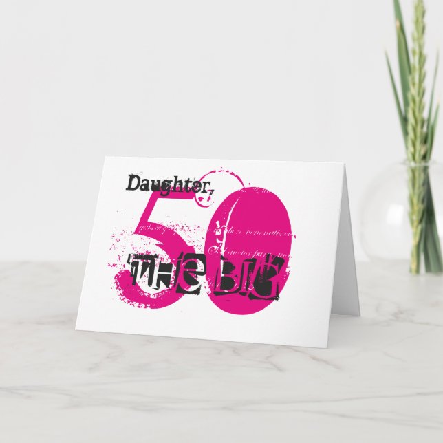 Tarjeta 50.ª hija de cumpleaños, texto negro y rosa, blanc (Anverso)