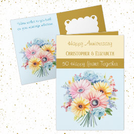 Tarjeta 50.º Aniversario de Oro flores azul