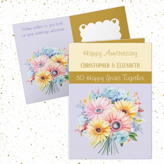 Tarjeta 50.º Aniversario de Oro flores moradas (Subido por el creador)