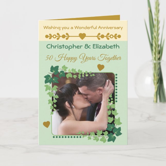 Tarjeta 50.º Aniversario de Oro foto oro verde (Anverso)