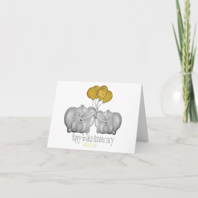 Tarjeta 50.º Aniversario del Boda de Oro lindo elefante (Anverso)