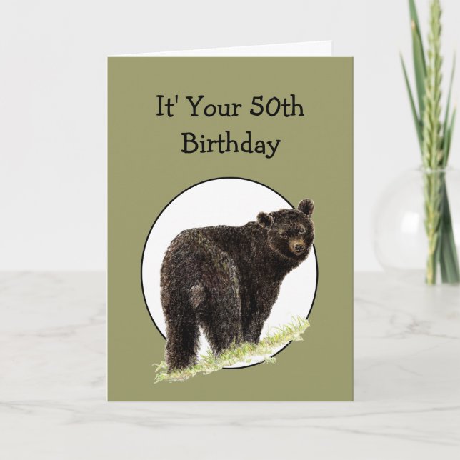 Tarjeta 50.º Aniversario Divertido Oso Negro - Sonríe y ag (Anverso)