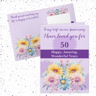 Tarjeta 50.º aniversario esposa gerbera morado floral