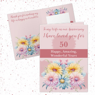 Tarjeta 50.º aniversario esposa gerbera rosa floral