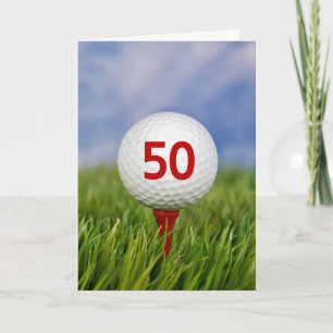 Tarjeta 50.º Ball de golf de cumpleaños en Red Tee