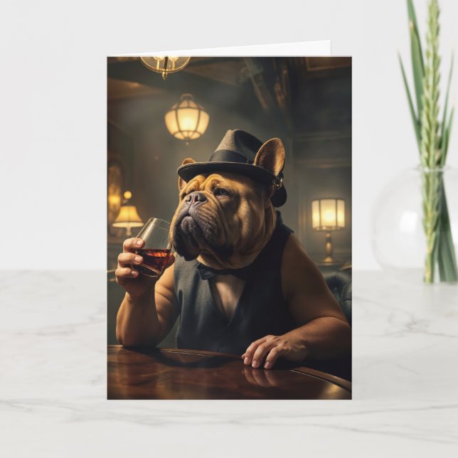 Tarjeta 50.º Bulldog de cumpleaños llevando una bebida (Anverso)