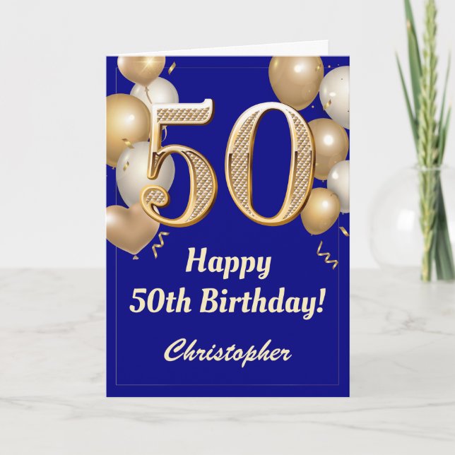 Tarjeta 50.º Confetti de globos azules y de oro de la mari (Anverso)