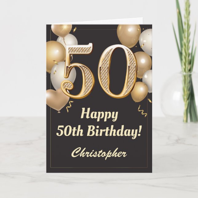 Tarjeta 50.º Confetti de los Globos de Oro y Negro (Anverso)