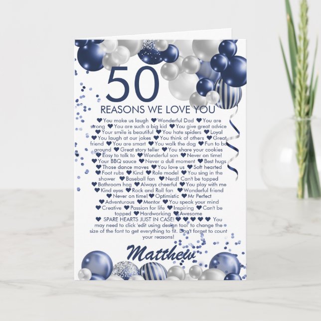Tarjeta 50.º cumpleaños 50 razones por las que te queremos (Anverso)