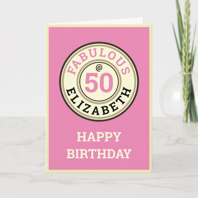 Tarjeta 50.º cumpleaños 50 y fabulosa mujer rosa vendimios (Anverso)